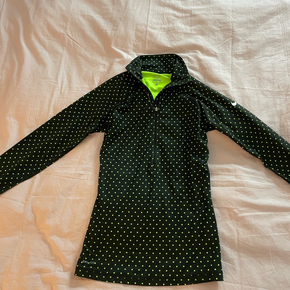Nike Dri-Fit quarter zip top. Size- small. Green and black polka dots.